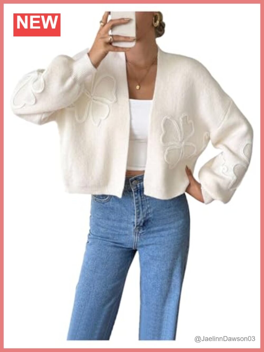 Flower Knit Cropped Cardigan Bolero Oversized Open Front 3/4 Sleeve Sweater